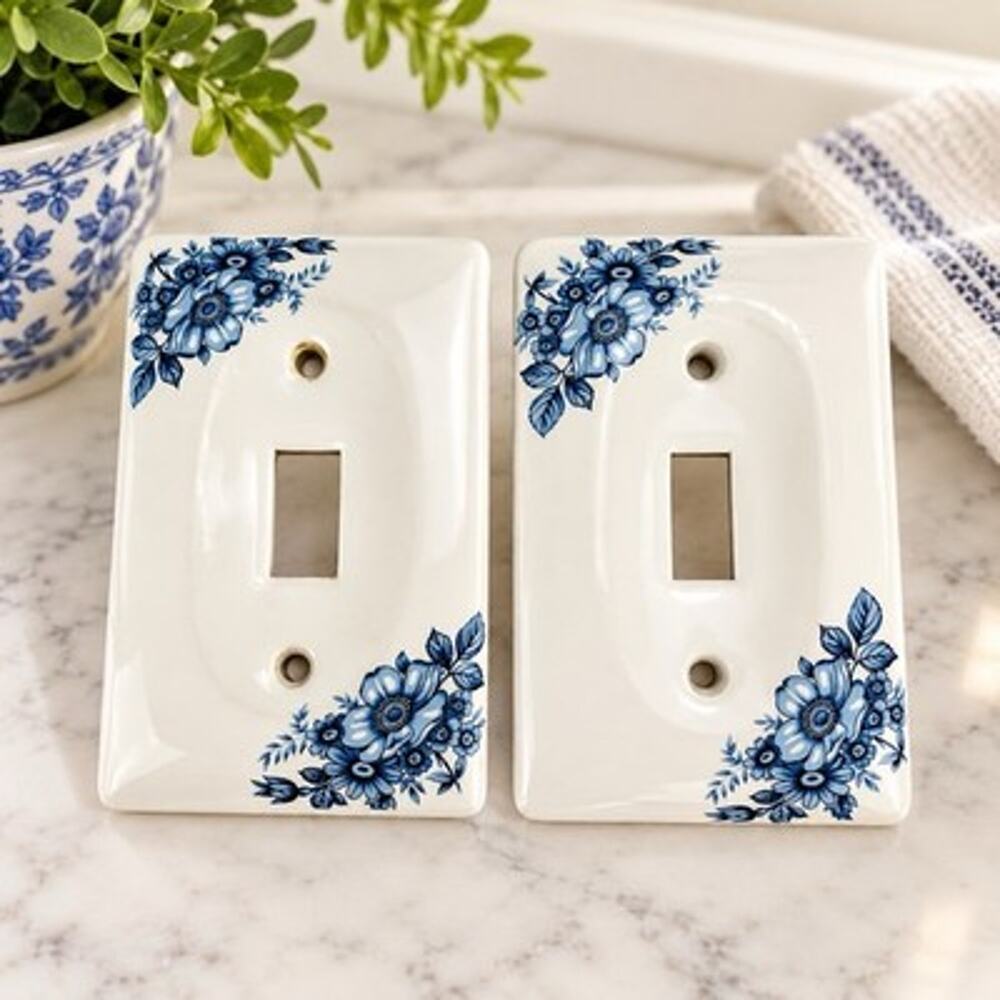 Vintage Blue Floral Ceramic Light Switch Cover Plate